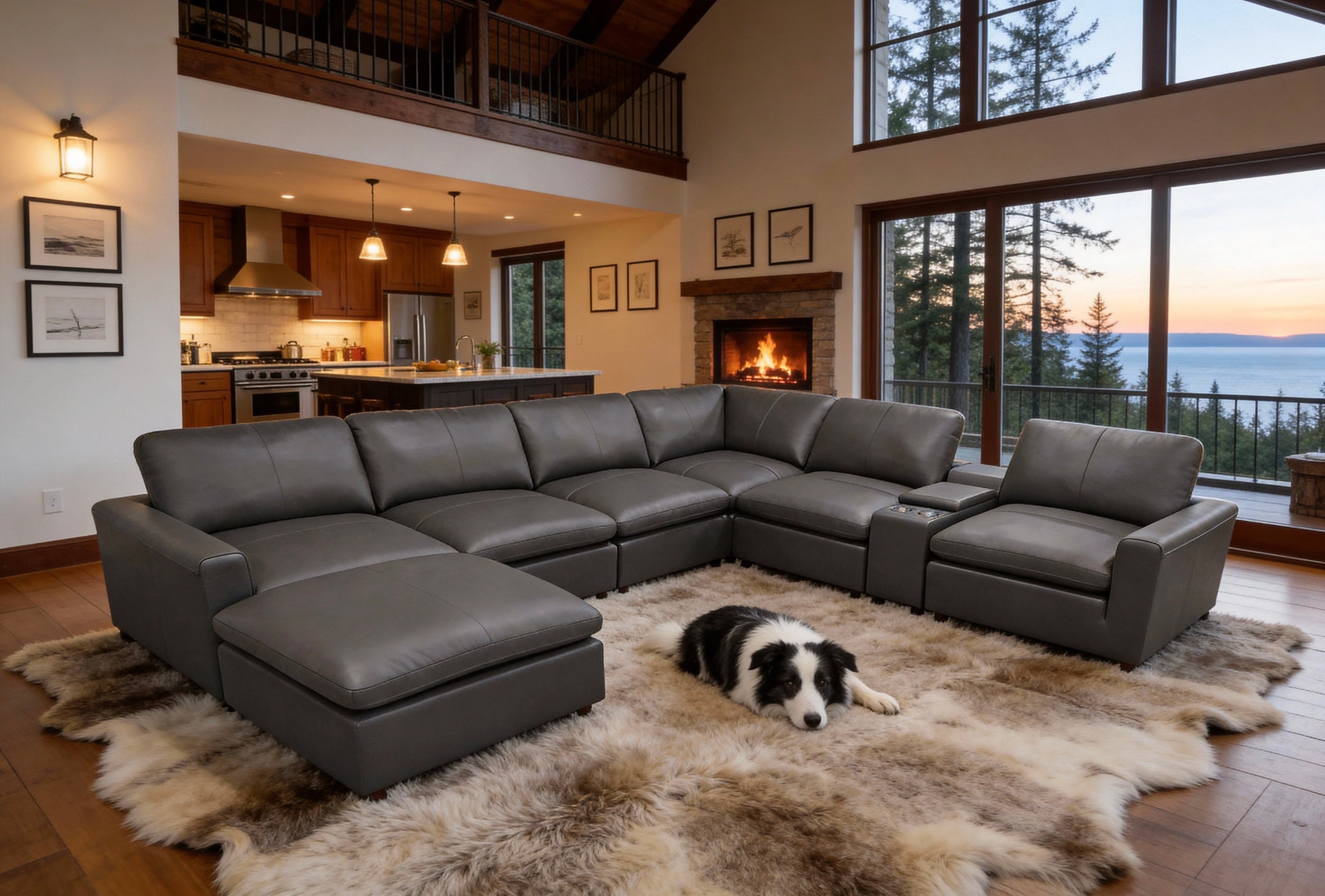 Blue Gray Leather Match 7-Seat U-Shaped Sectional with Storage