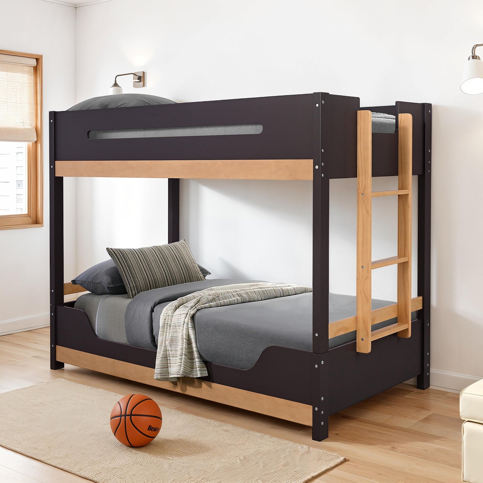 Stylish Twin Bunk Bed in black and natural wood tones with ladder, designed for modern interiors and compact bedroom spaces.