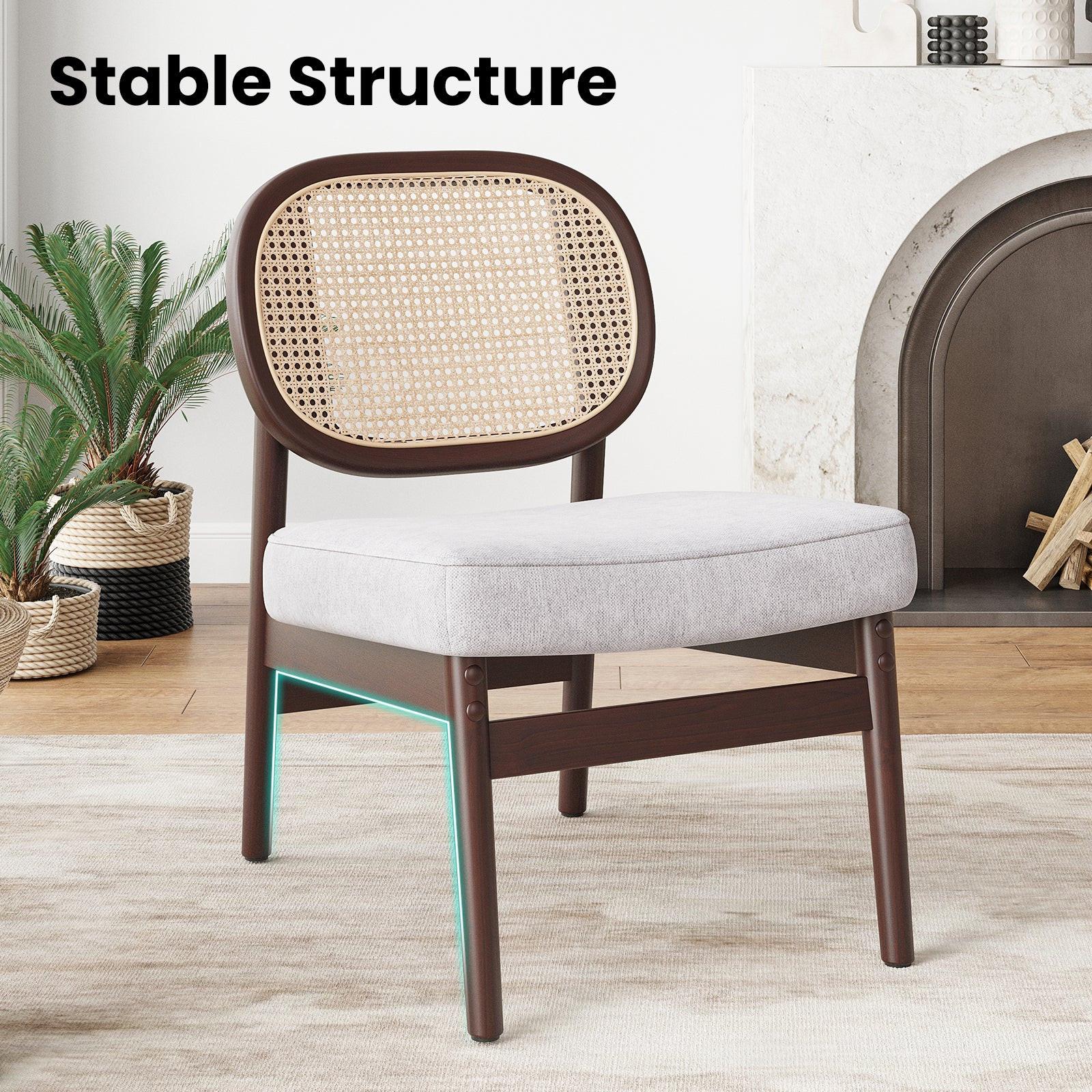 Rattan Accent Chair, Upholstered Living Room Chair with Rattan Back & Wood Frame, Mid-Century Modern Reading Chair for Living Room, Bedroom, Beige.