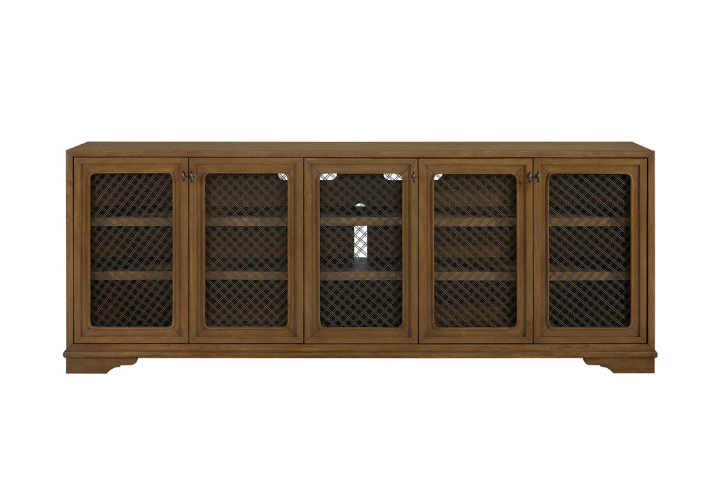 85-Inch Hickory Wood Console Table in Almond with Metal Mesh Doors