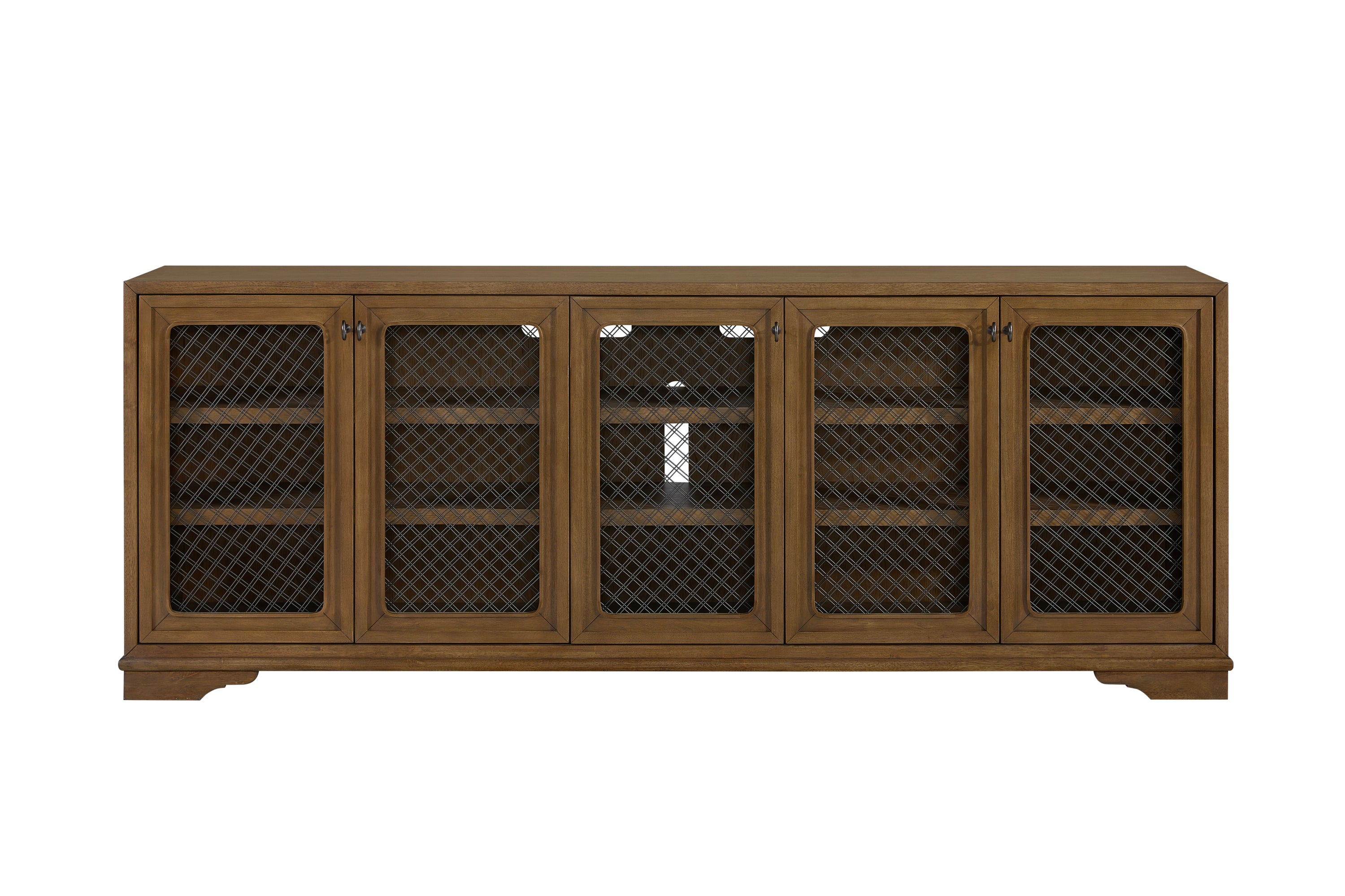 85-Inch Hickory Wood Console Table in Almond with Metal Mesh Doors