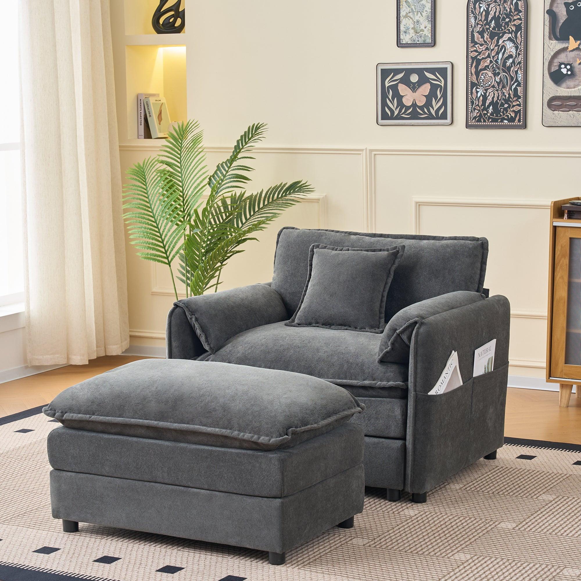 Chenille Recliner Chair with Movable Ottoman for Comfort.