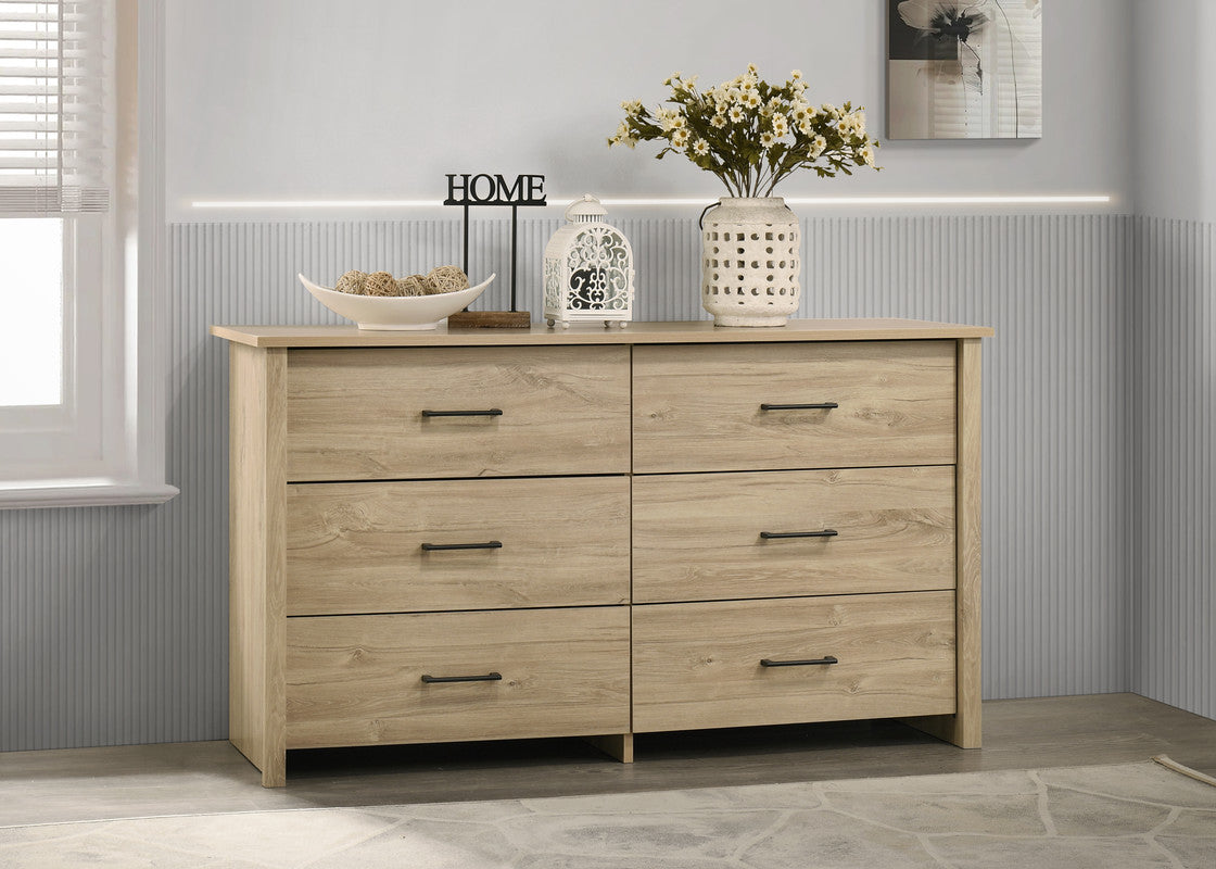 Light Oak 6-Drawer Dresser - Celeste | 57'W, 6 Drawers featuring modern black handles and spacious storage, styled in a cozy, minimalist room.