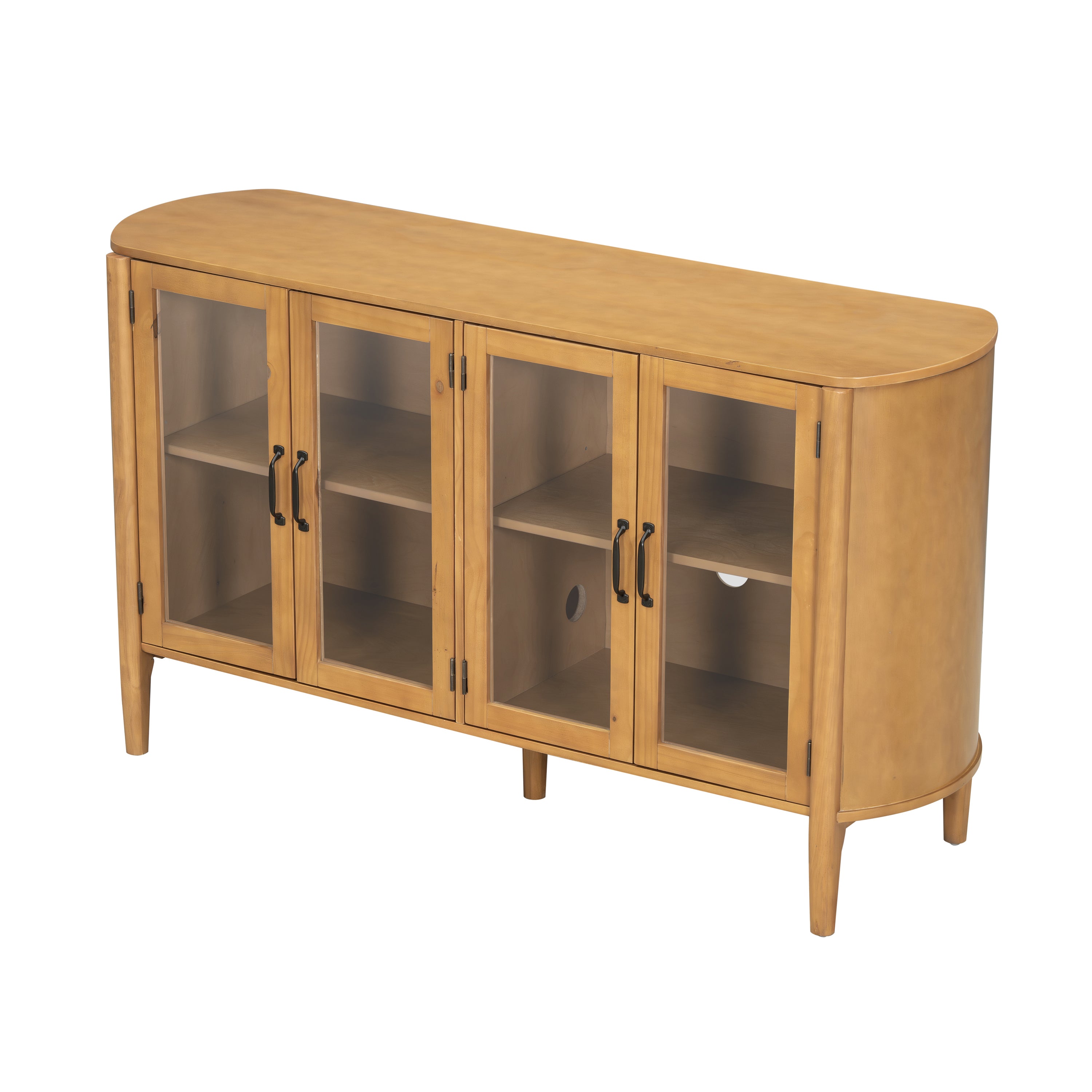 Angled view of natural wood storage cabinet with curved edges, 4 glass doors, and black handles, perfect for modern entryway decor.