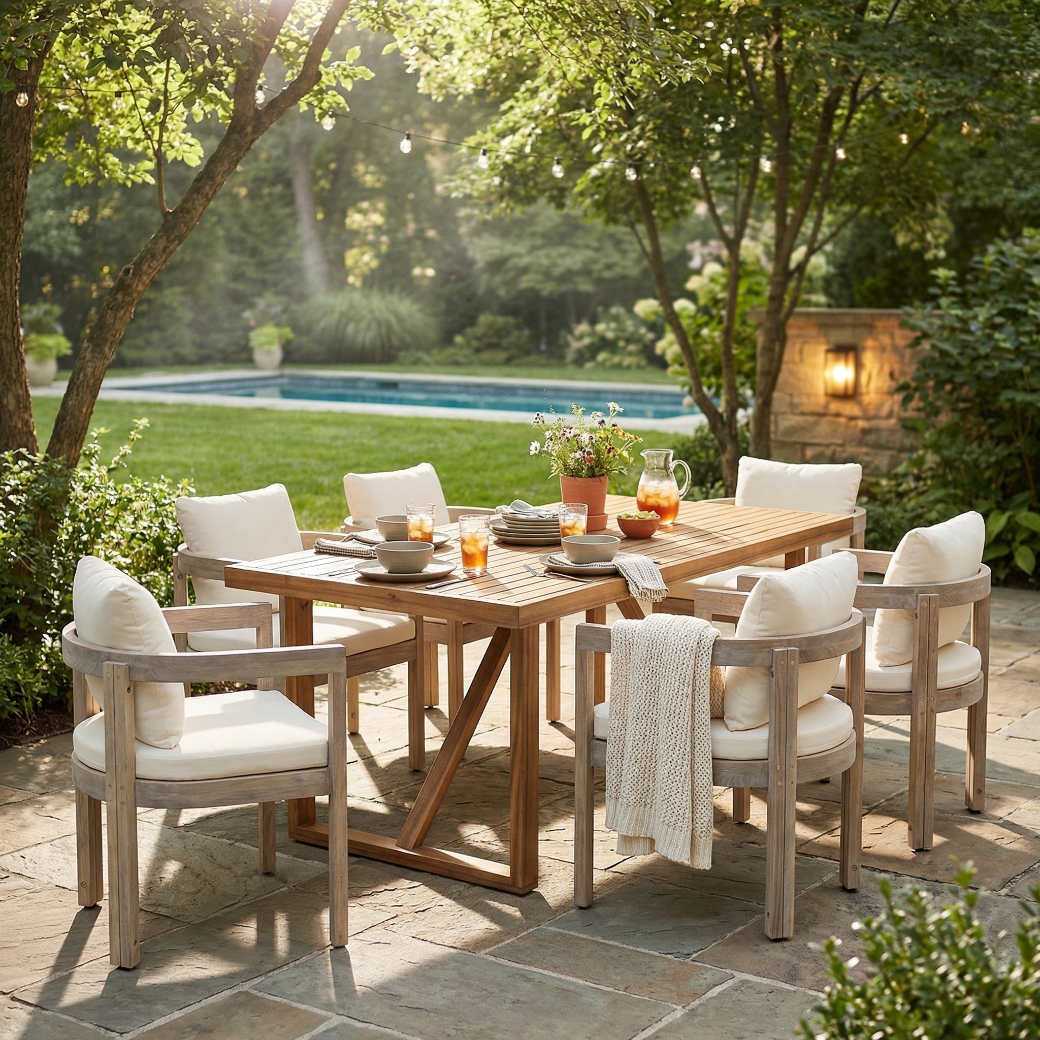 7-Piece Acacia Wood Outdoor Dining Set with Cream Cushions