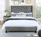 Gray Upholstered King Size Bed Frame with Wingback Design.