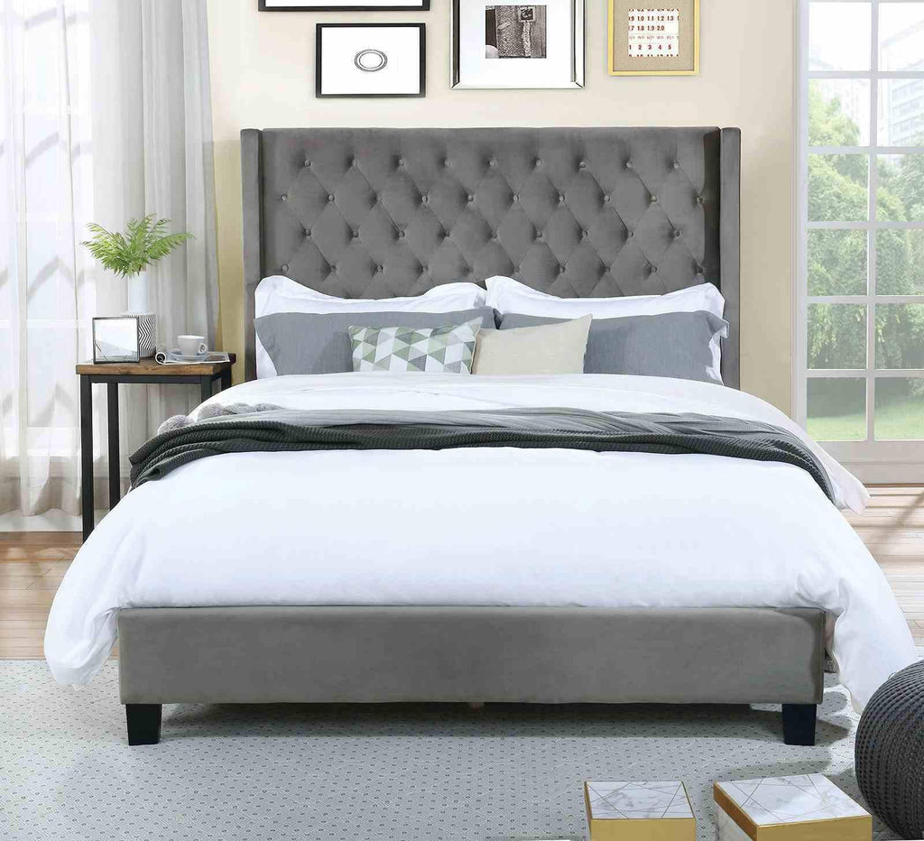 Gray Queen Size Bed Frame with Upholstered Design.