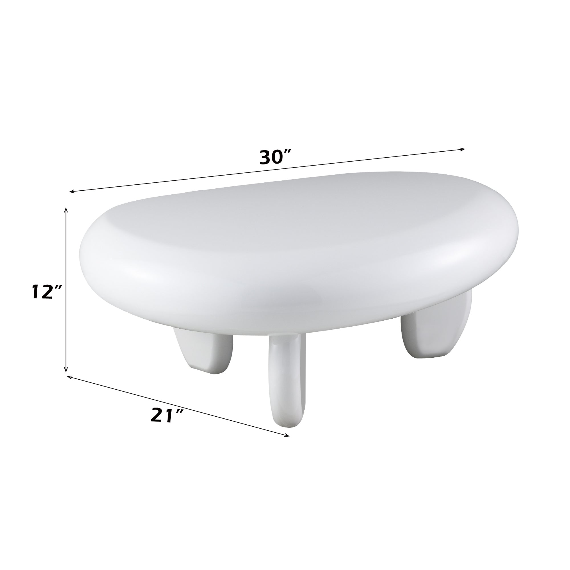Wylie Gloss White Coffee Table with dimensions 30x21x12 inches, high gloss finish and rounded shape, perfect for compact living spaces.