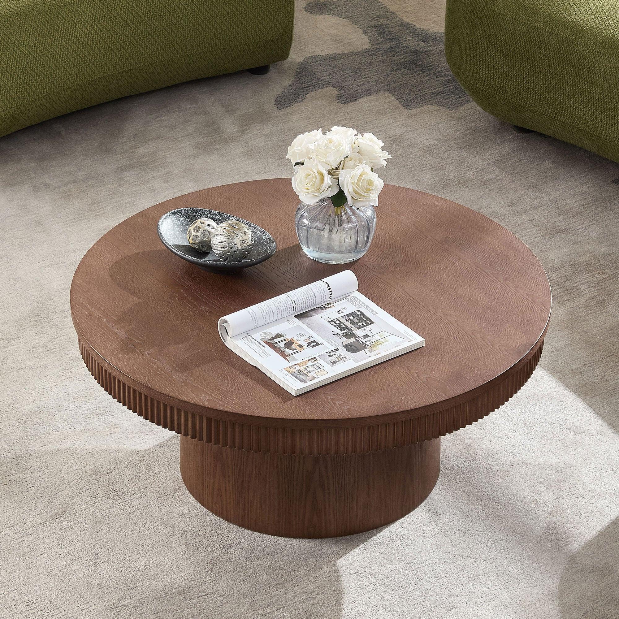 Walnut Round Coffee Table - 35.43 inch MDF with Wood Veneer.