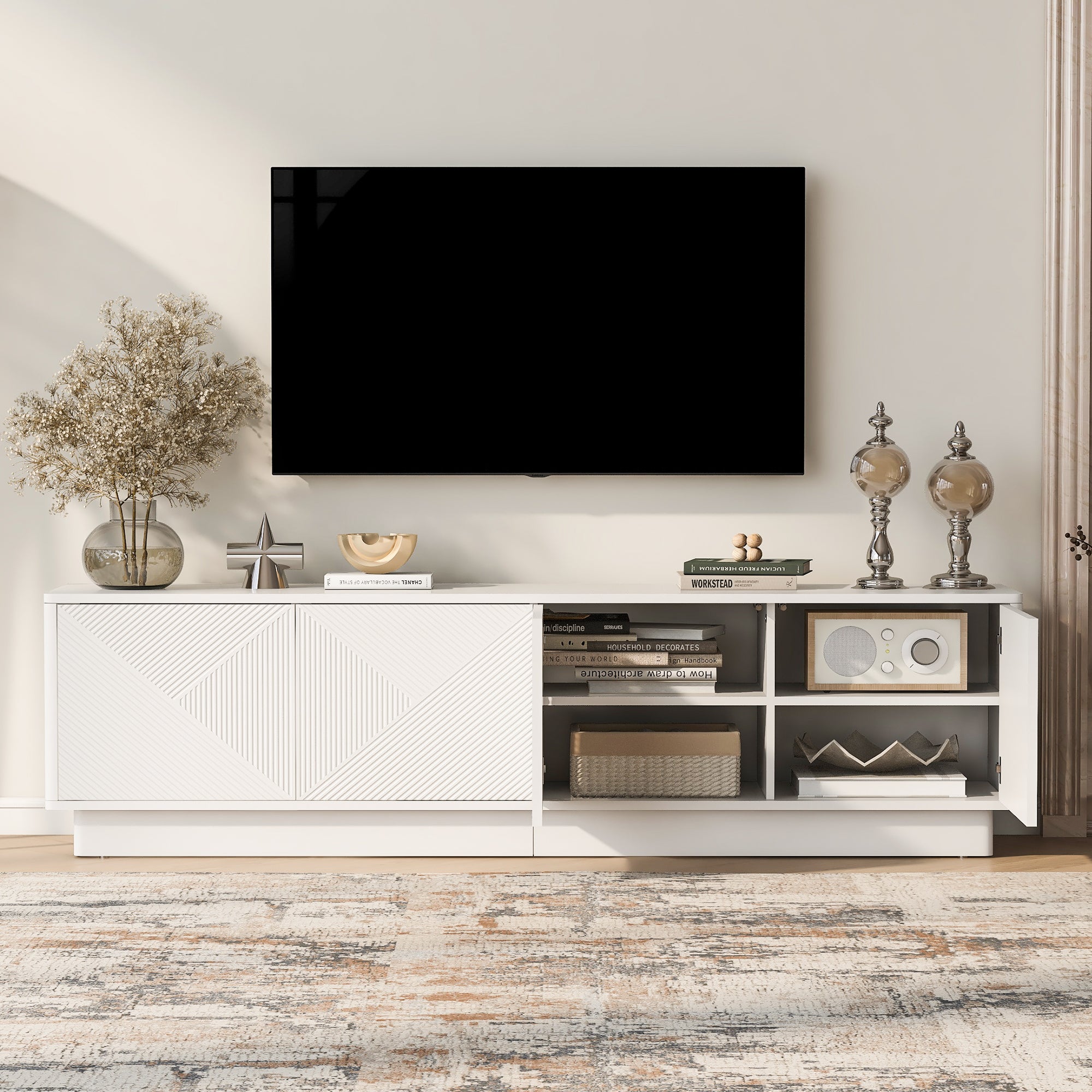 75-Inch White Wave 4-Door Media Console Cabinet with LED Accent