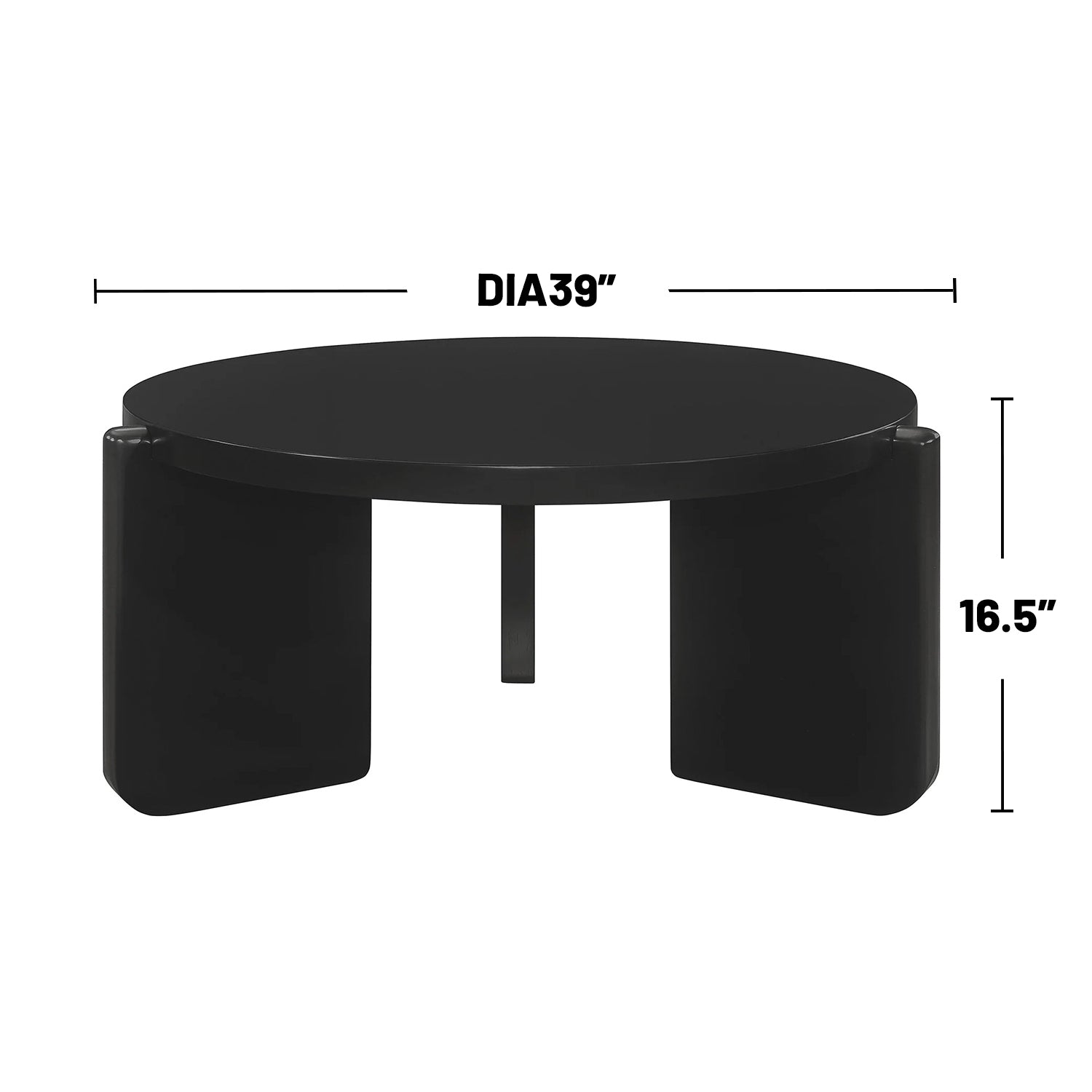Round black wooden coffee table with 39-inch diameter and 16.5-inch height, showcasing dimensions for modern living room use.