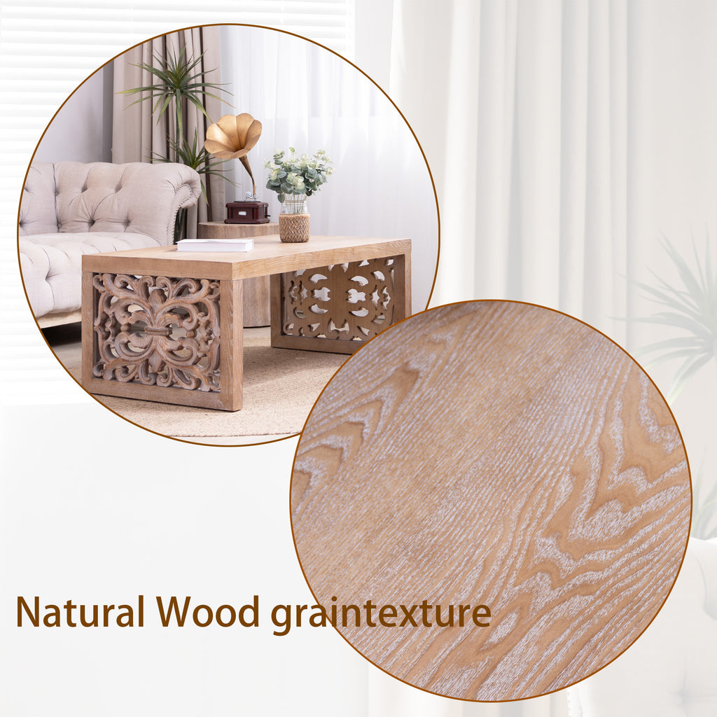Zoomed-in view of natural wood grain texture on the 47.2 rustic carved wood coffee table, emphasizing its authentic finish.