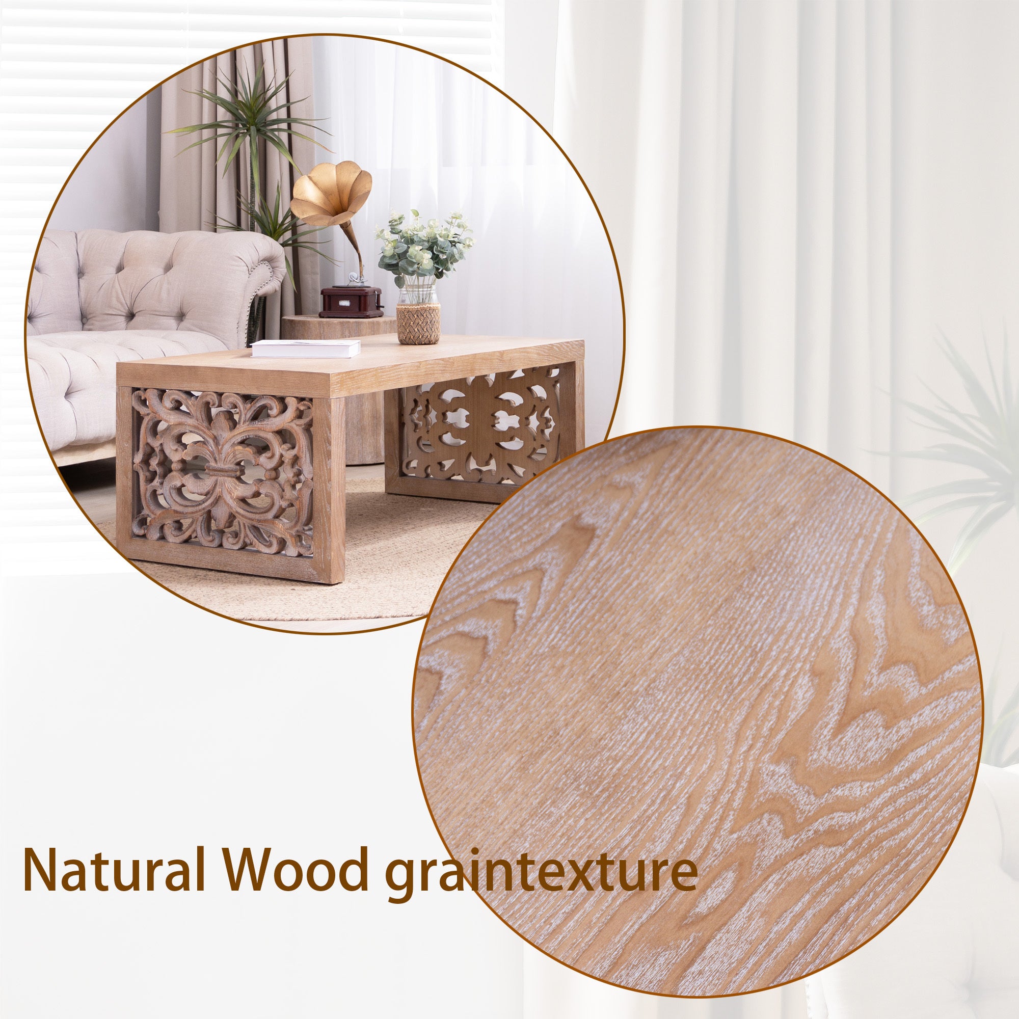 Zoomed-in view of natural wood grain texture on the 47.2 rustic carved wood coffee table, emphasizing its authentic finish.