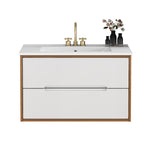 Straight-on product shot of 32-inch bathroom vanity with ceramic sink, handle-free drawers, and walnut and white finish.