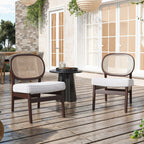 Rattan Accent Chair, Upholstered Living Room Chair with Rattan Back & Wood Frame, Mid-Century Modern Reading Chair for Living Room, Bedroom, Beige.