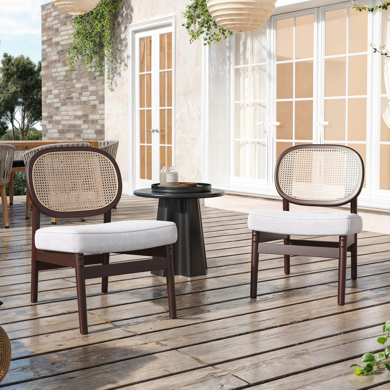 Rattan Accent Chair, Upholstered Living Room Chair with Rattan Back & Wood Frame, Mid-Century Modern Reading Chair for Living Room, Bedroom, Beige.