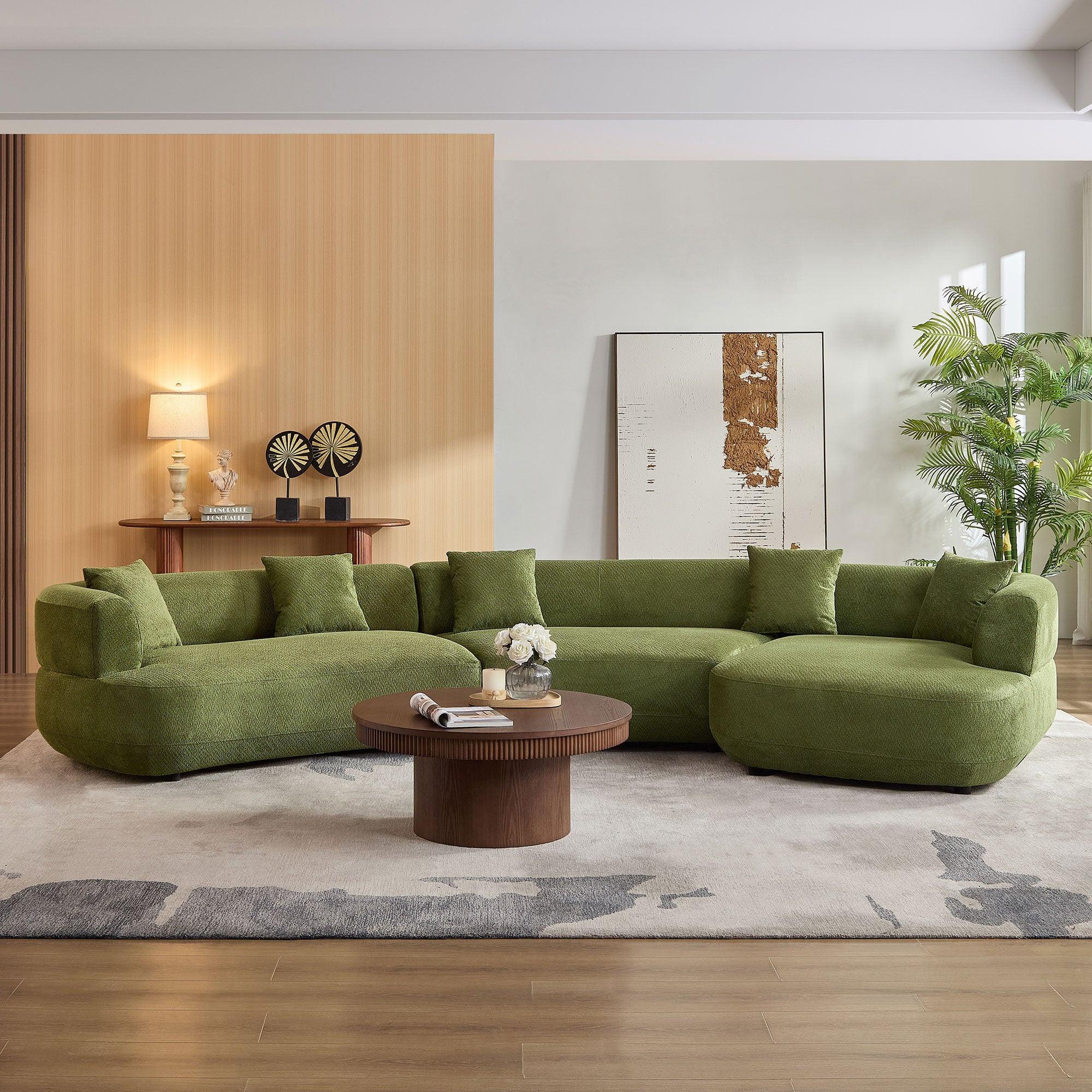 155.91 inch Curved Green Sectional Sofa with 5 Pillows.
