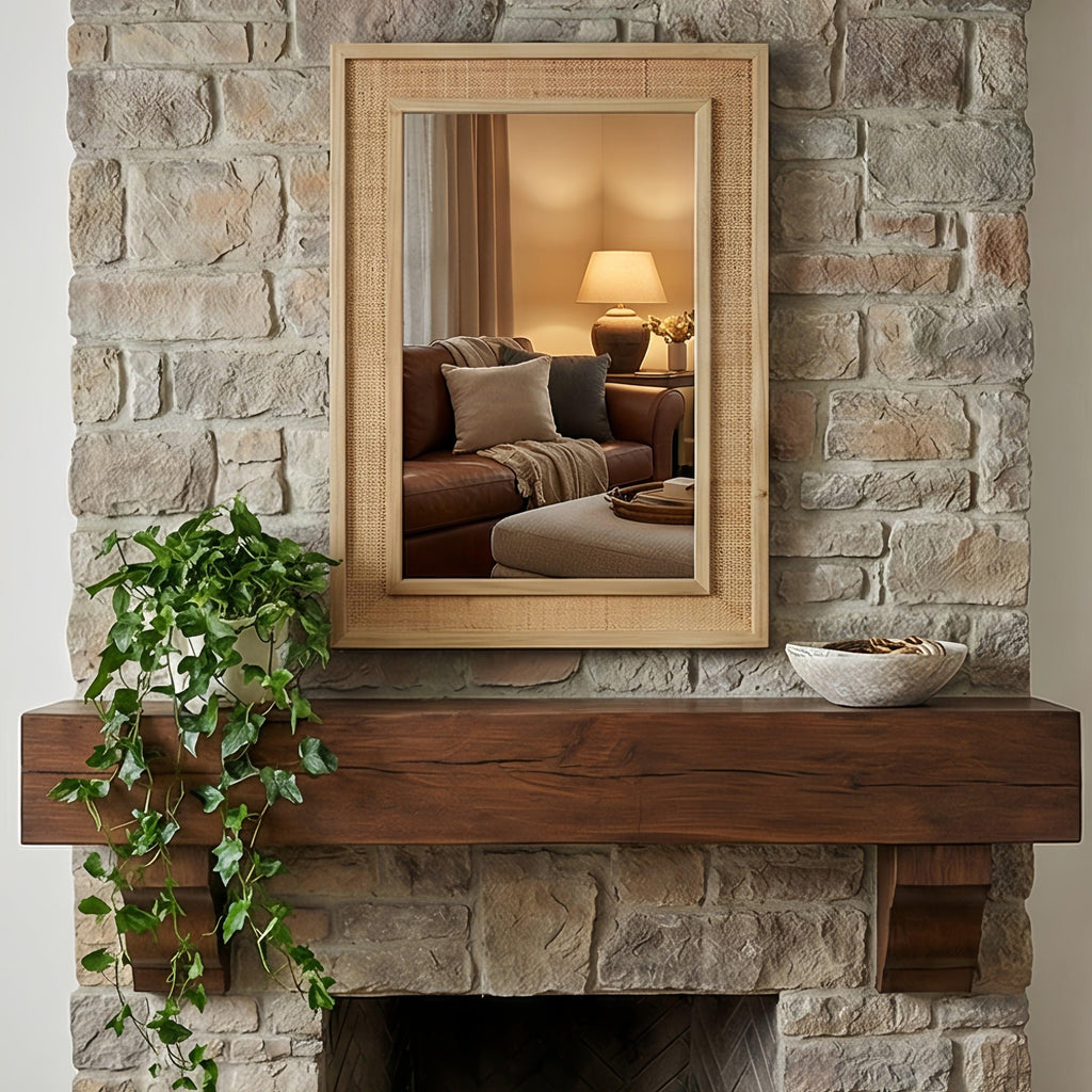 Rattan Solid Wood Frame Mirror for Home Decor.
