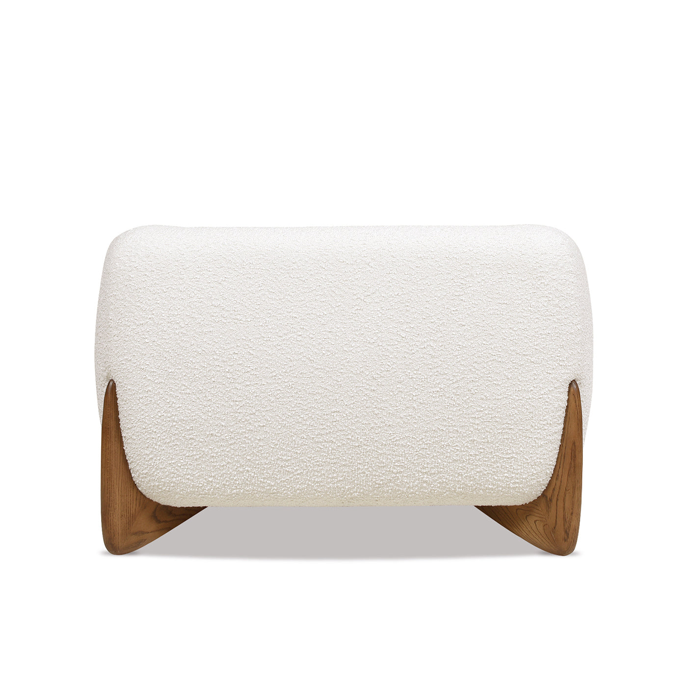 Back view of Alpine 44' Sherpa Arm Chair in ivory white boucle with smooth curves and oak wood base.