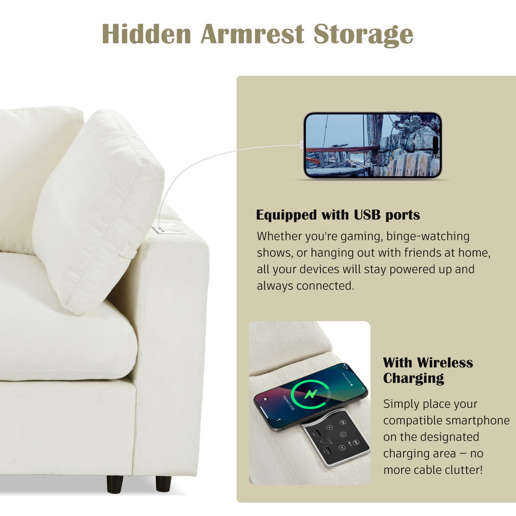 Modular Sofa with Charging - Storage | Chenille, 4 Seats with USB ports and wireless charging on armrest for convenient device power-up.