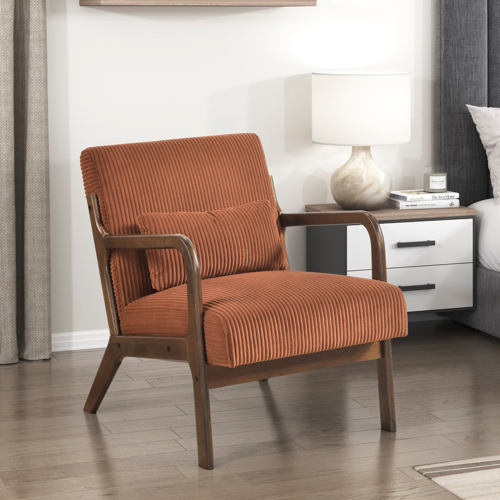 Orange Corduroy Accent Chair with Solid Rubber Wood Frame