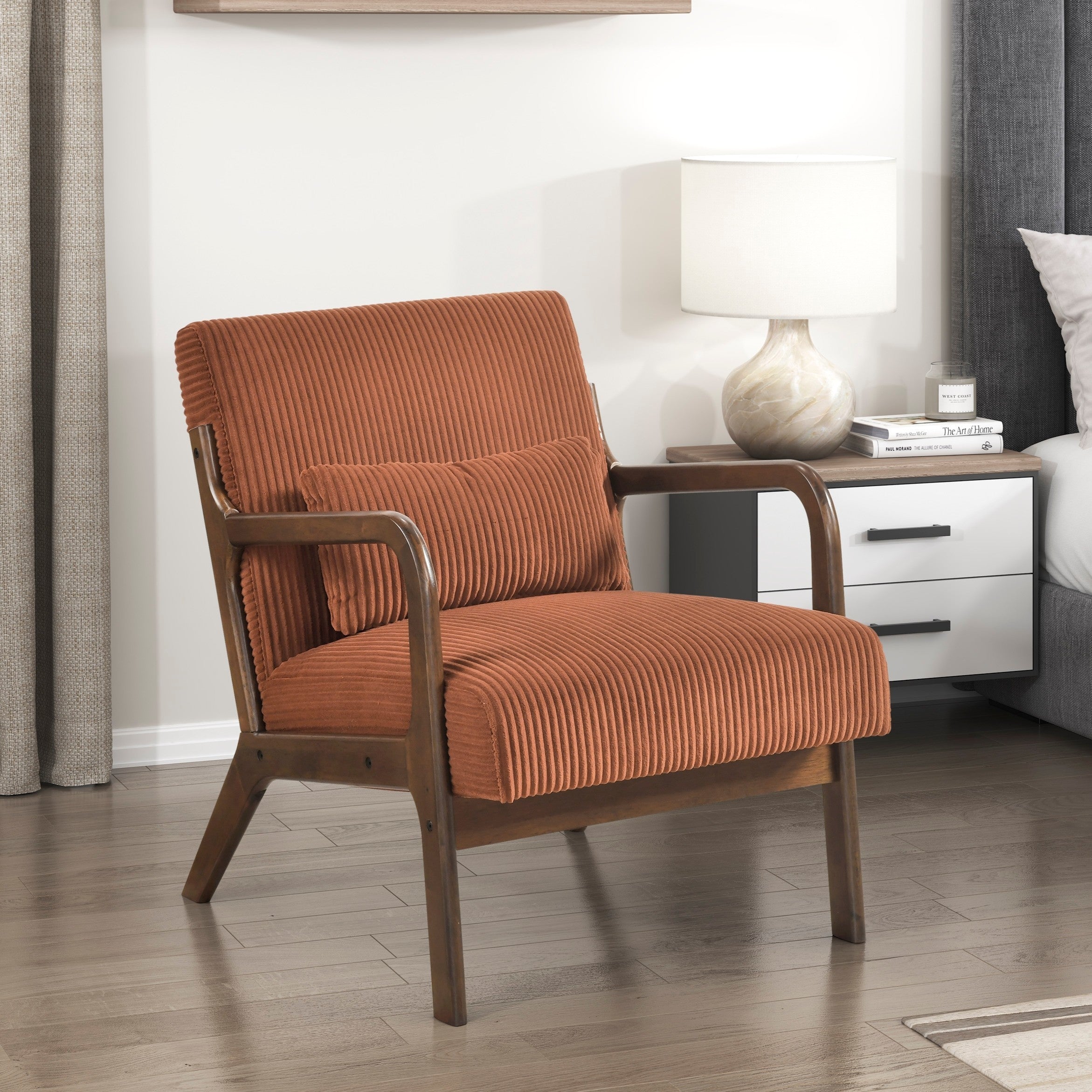 Orange Corduroy Accent Chair with Solid Rubber Wood Frame