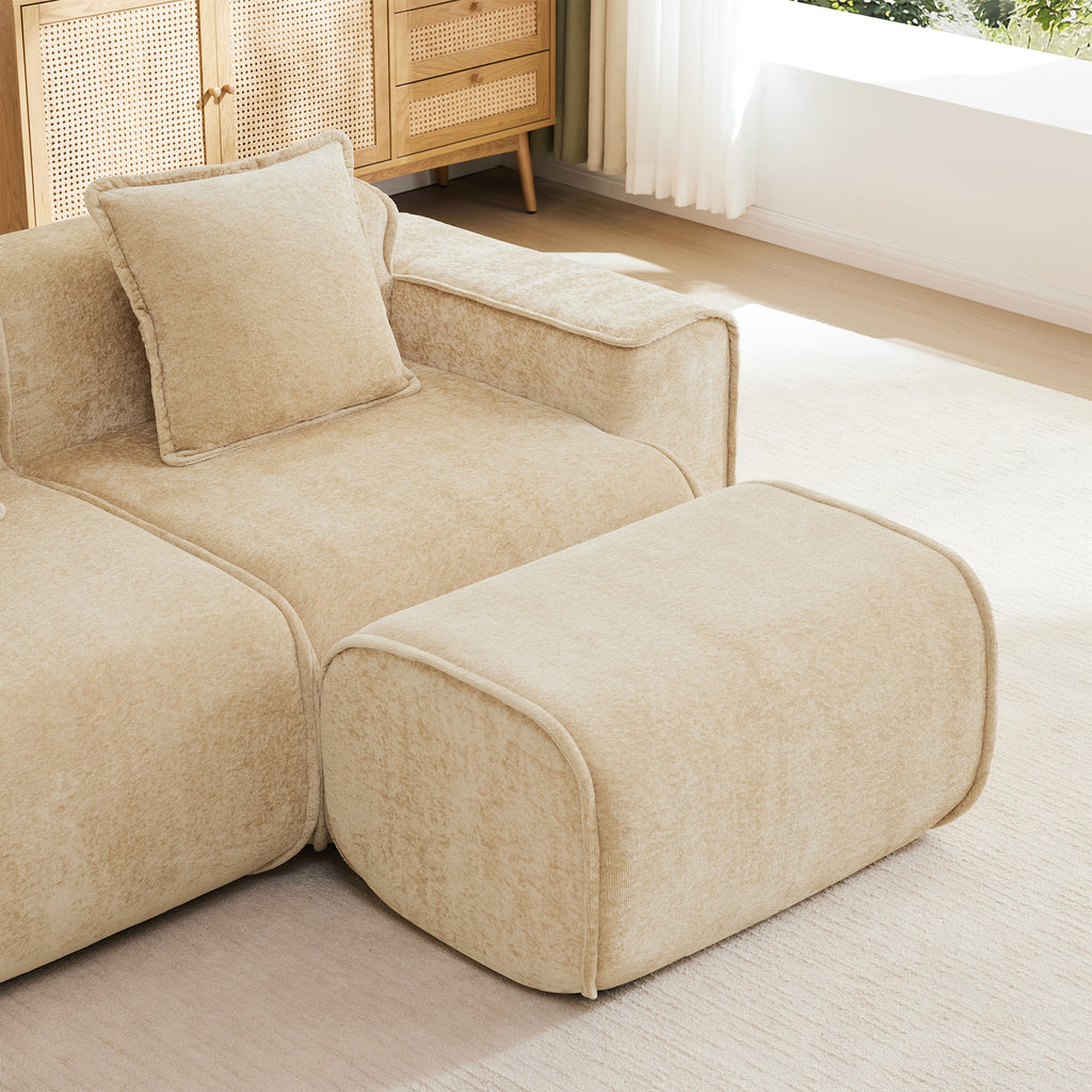 Ottoman section of Velvet L Shape Modular Sofa in beige, showcasing its soft velvet finish and modular flexibility for living room setups.