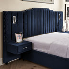 Close-up of navy velvet headboard with vertical tufting and built-in nightstand drawer on queen upholstered bed frame.