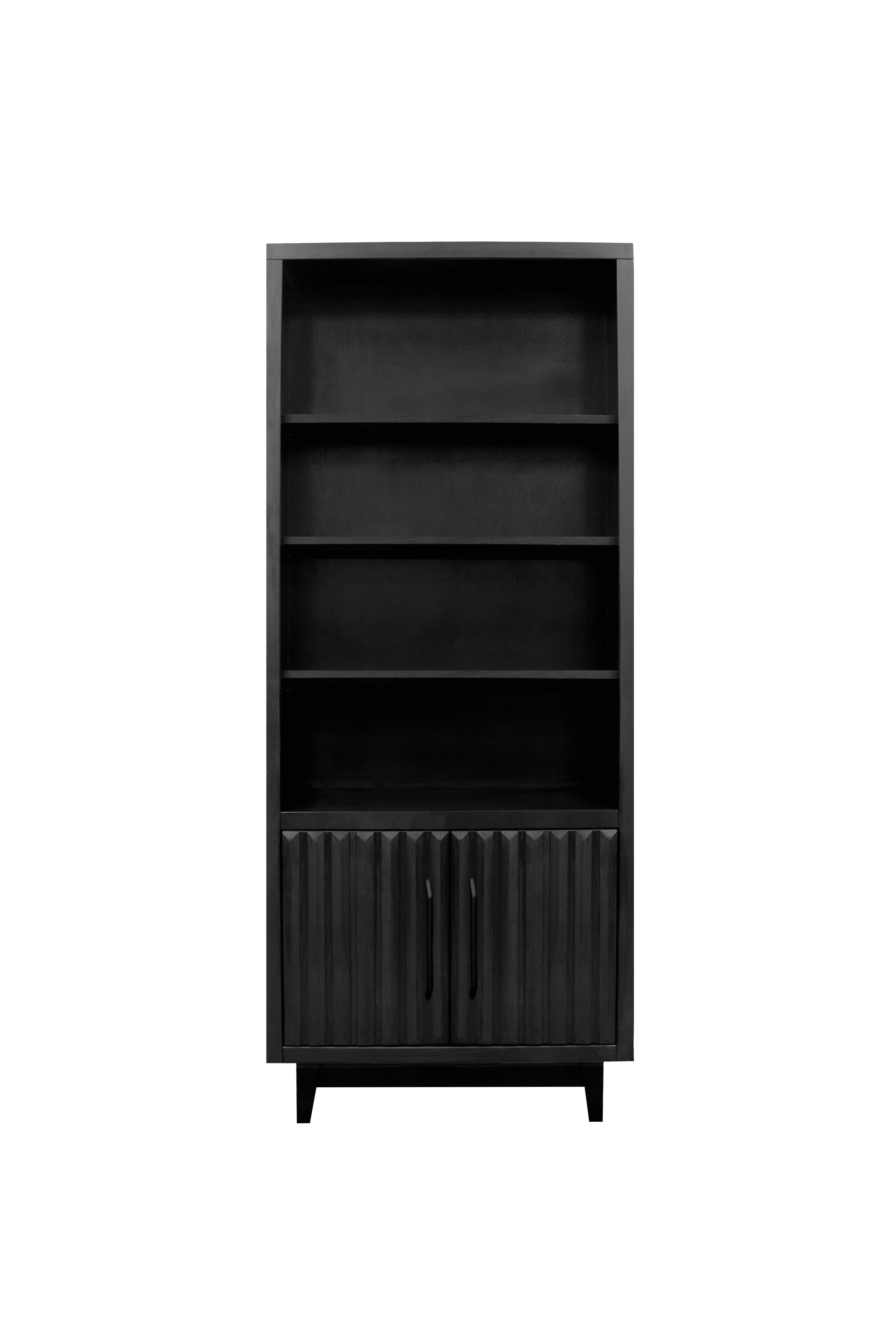Straight-on view of the Black 78 inch Bookcase Pier - Radiance showcasing its modern fluted doors and open shelving.