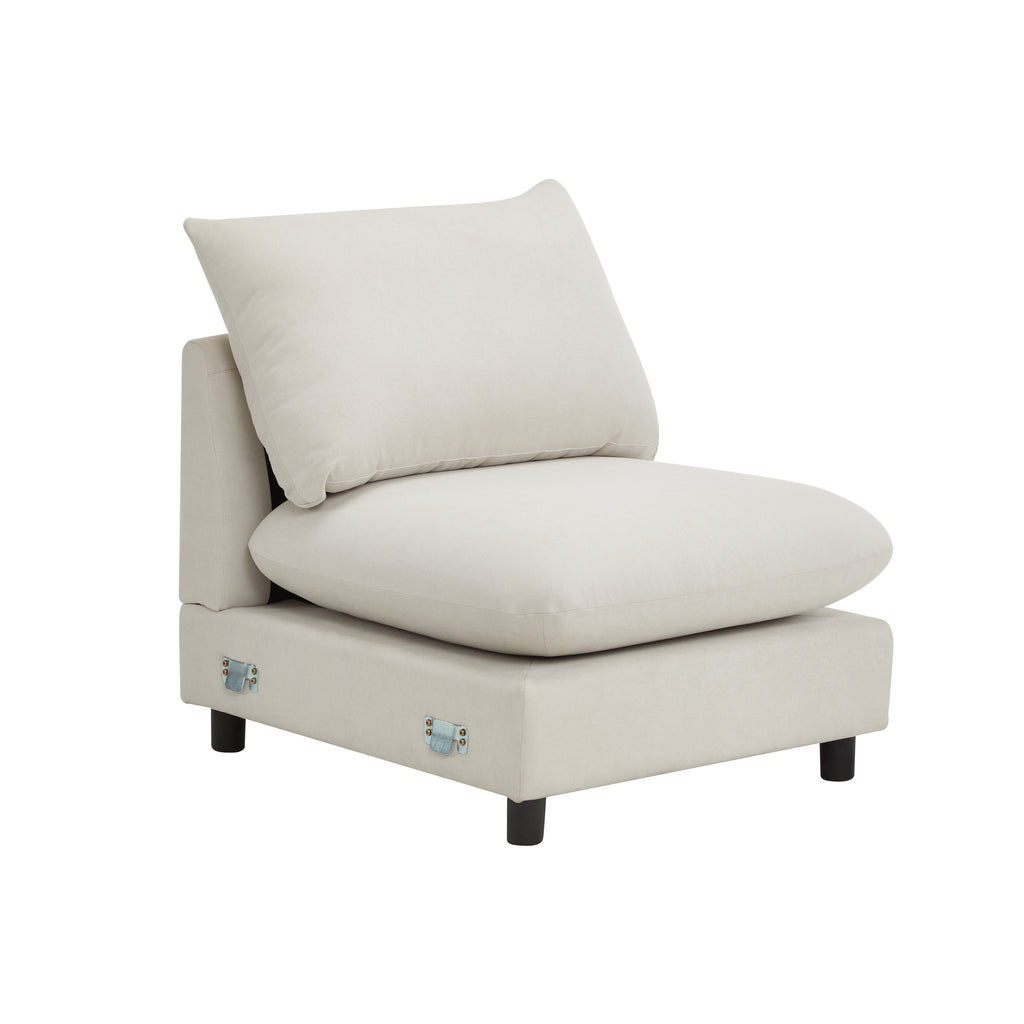 Side angle of the modular seat from the 99 in. 4-piece L shaped sectional sofa couch, highlighting plush cushions and connection hardware.