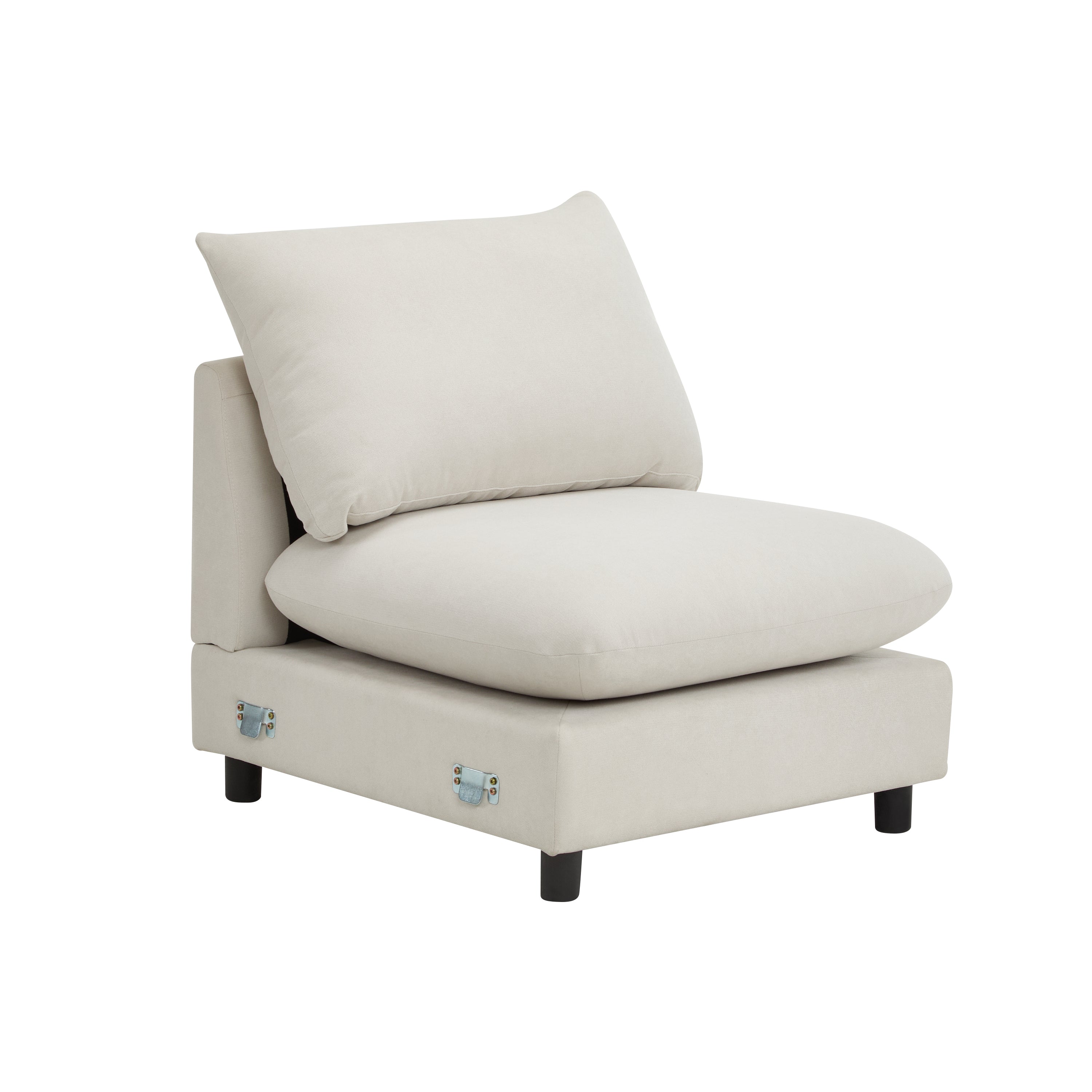 Side angle of the modular seat from the 99 in. 4-piece L shaped sectional sofa couch, highlighting plush cushions and connection hardware.
