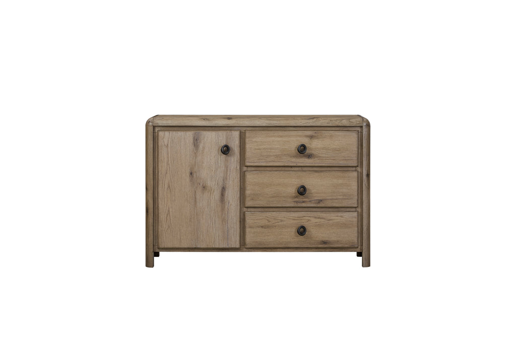 Rustic English knotty oak storage chest with a cabinet door and three drawers, featuring rounded edges and black pulls.