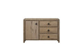 Rustic English knotty oak storage chest with a cabinet door and three drawers, featuring rounded edges and black pulls.