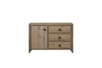 Rustic English knotty oak storage chest with a cabinet door and three drawers, featuring rounded edges and black pulls.
