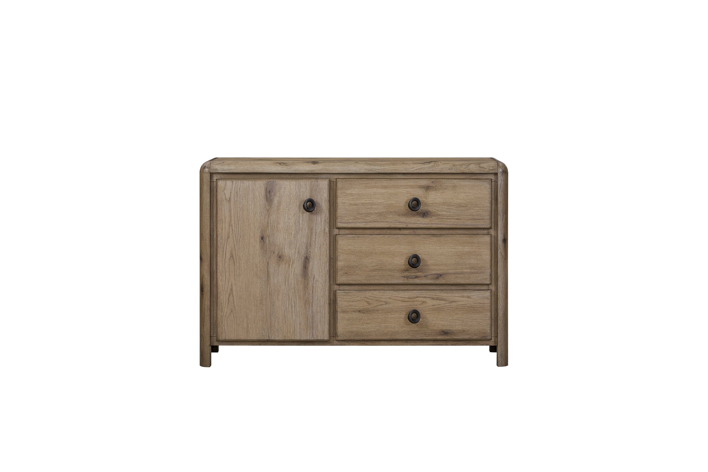 Rustic English knotty oak storage chest with a cabinet door and three drawers, featuring rounded edges and black pulls.