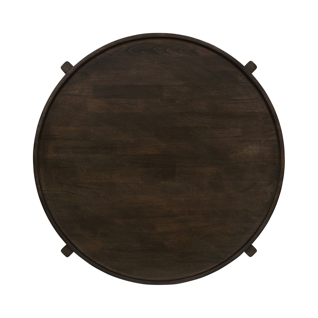 Top view of Round Solid Wood Coffee Table in dark brown, highlighting its smooth circular surface and rich wood grain.