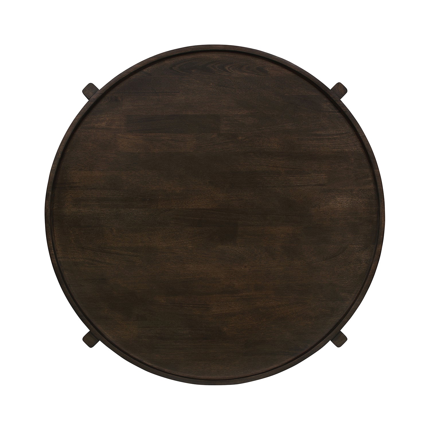 Top view of Round Solid Wood Coffee Table in dark brown, highlighting its smooth circular surface and rich wood grain.