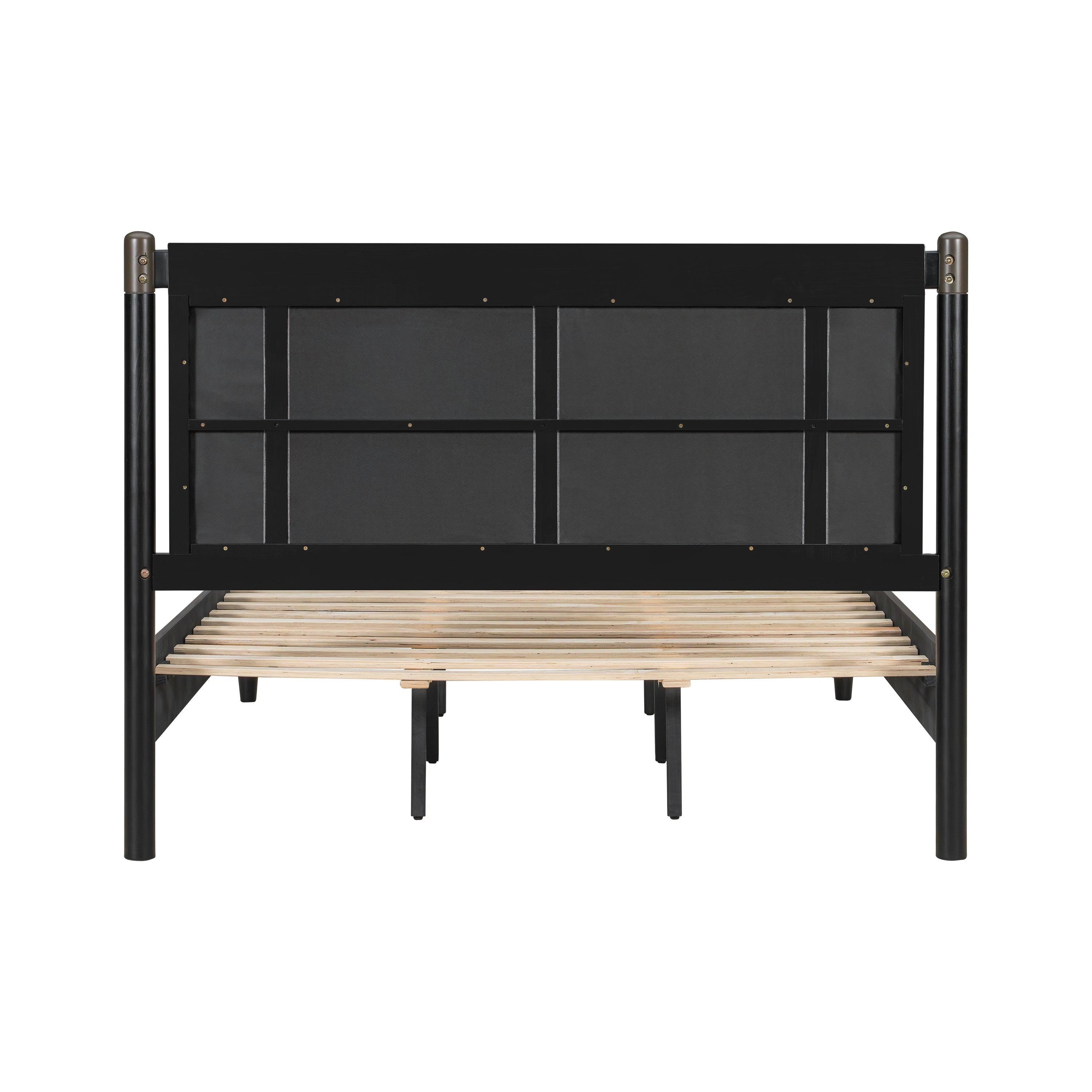 Solid Wood Queen Bed - Heavy Duty, Support 500 lbs - Black Headboard.