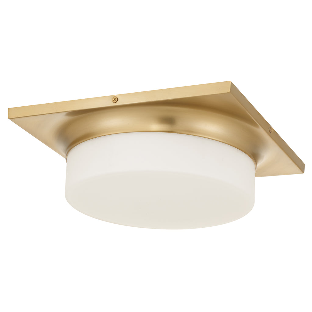 Side angle of Antique Brass LED Flush Mount Light Fixture highlighting its sleek square design and warm brass tone.