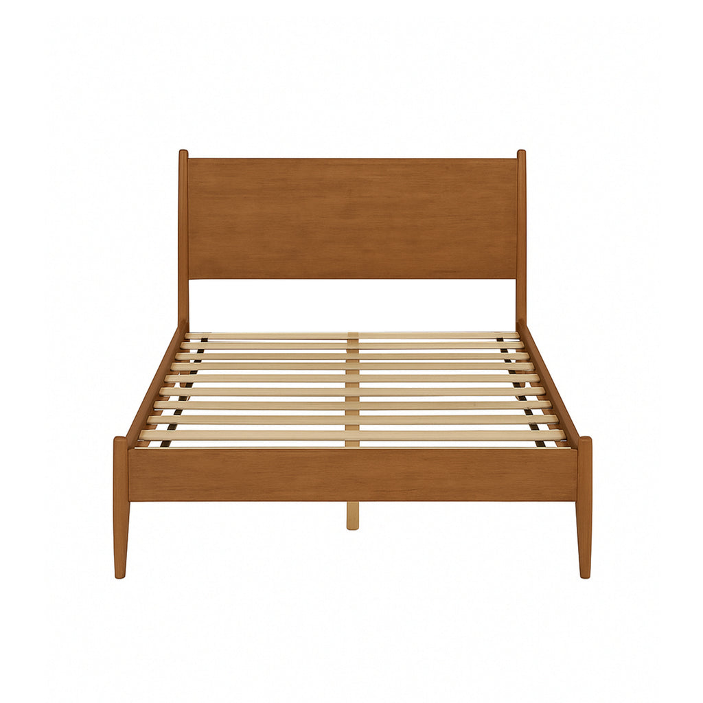 Front view of Mid-Century Modern full size platform bed in oak finish, highlighting solid wood frame and evenly spaced slats for mattress support.
