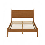 Front view of Mid-Century Modern full size platform bed in oak finish, highlighting solid wood frame and evenly spaced slats for mattress support.