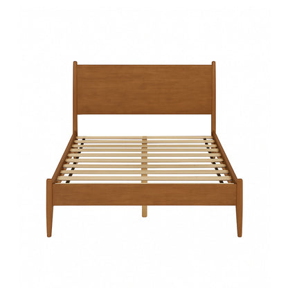 Front view of Mid-Century Modern full size platform bed in oak finish, highlighting solid wood frame and evenly spaced slats for mattress support.