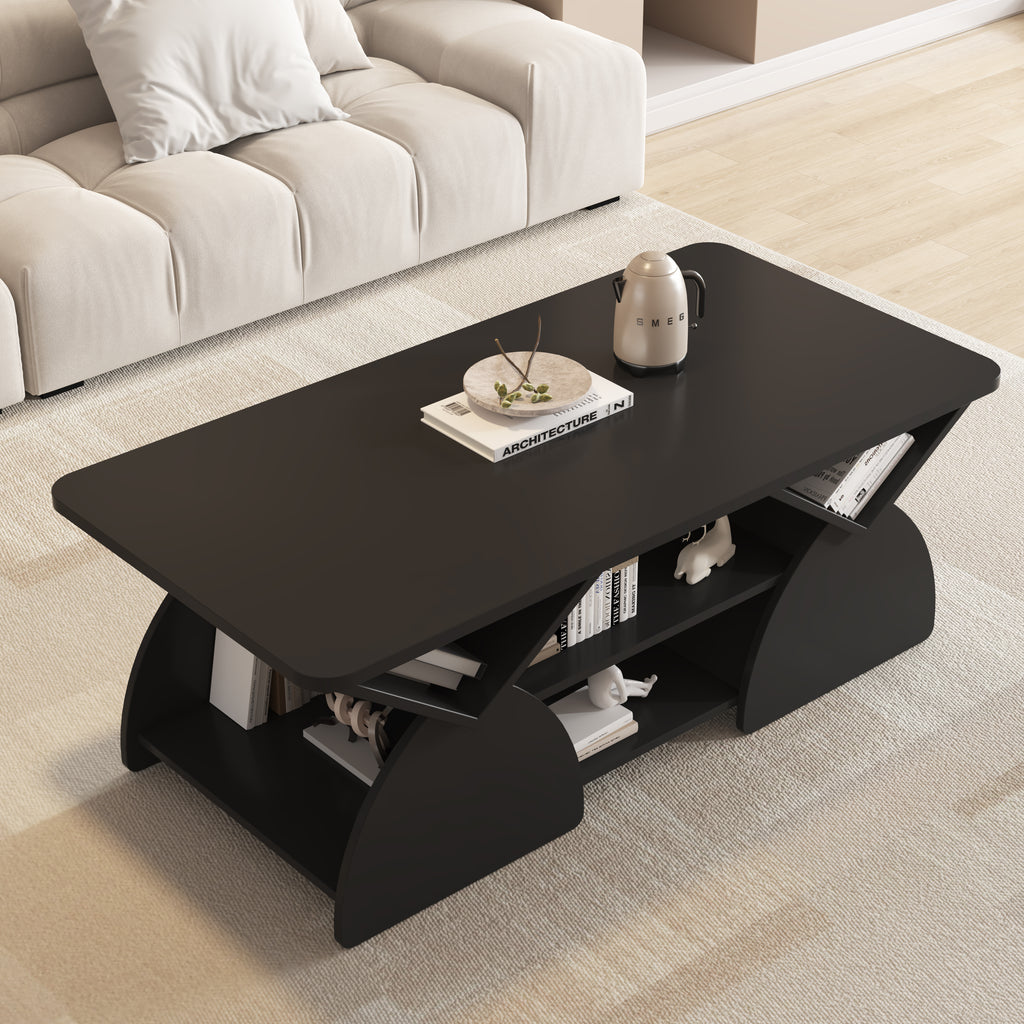 Modern engineered coffee table with wood storage and geometric design, shown in a cozy living room with books and decor.