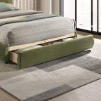 Close-up of under-bed storage drawer on Olive Green Velvet Queen Bed. Spacious pull-out drawer blends seamlessly with frame.
