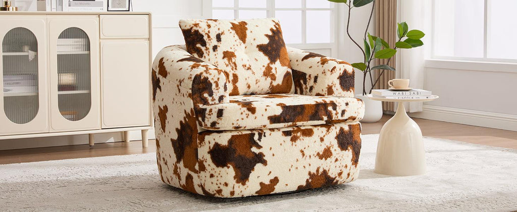 Modern 360° Swivel Accent Barrel Chair with Dual-Layer Cushion in Beige & Brown Faux Fur, 36.6' Round Seating for Living Room, Bedroom, Office, or Hotel