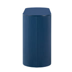 Side profile of modern MDF storage cabinet with curved design and vertical grooves, finished in navy blue.