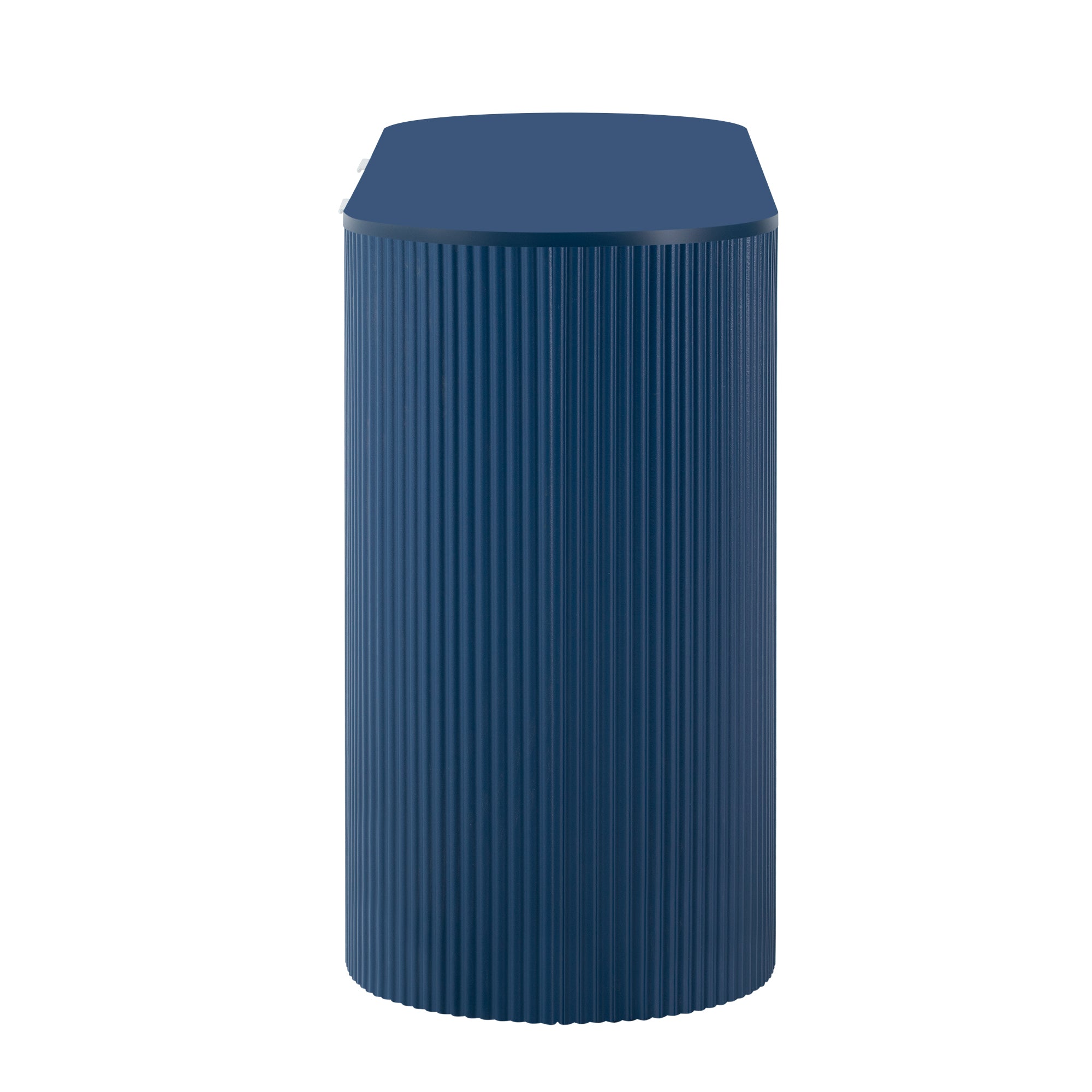 Side profile of modern MDF storage cabinet with curved design and vertical grooves, finished in navy blue.