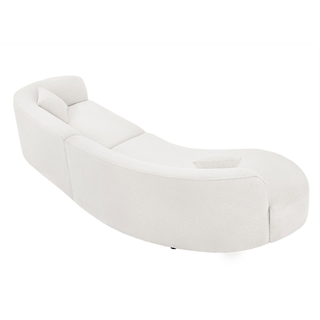 Rear angled view of modern curved sofa set in white bouclé, showcasing smooth contours and solid wood support for elegant living spaces.