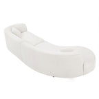 Rear angled view of modern curved sofa set in white bouclé, showcasing smooth contours and solid wood support for elegant living spaces.