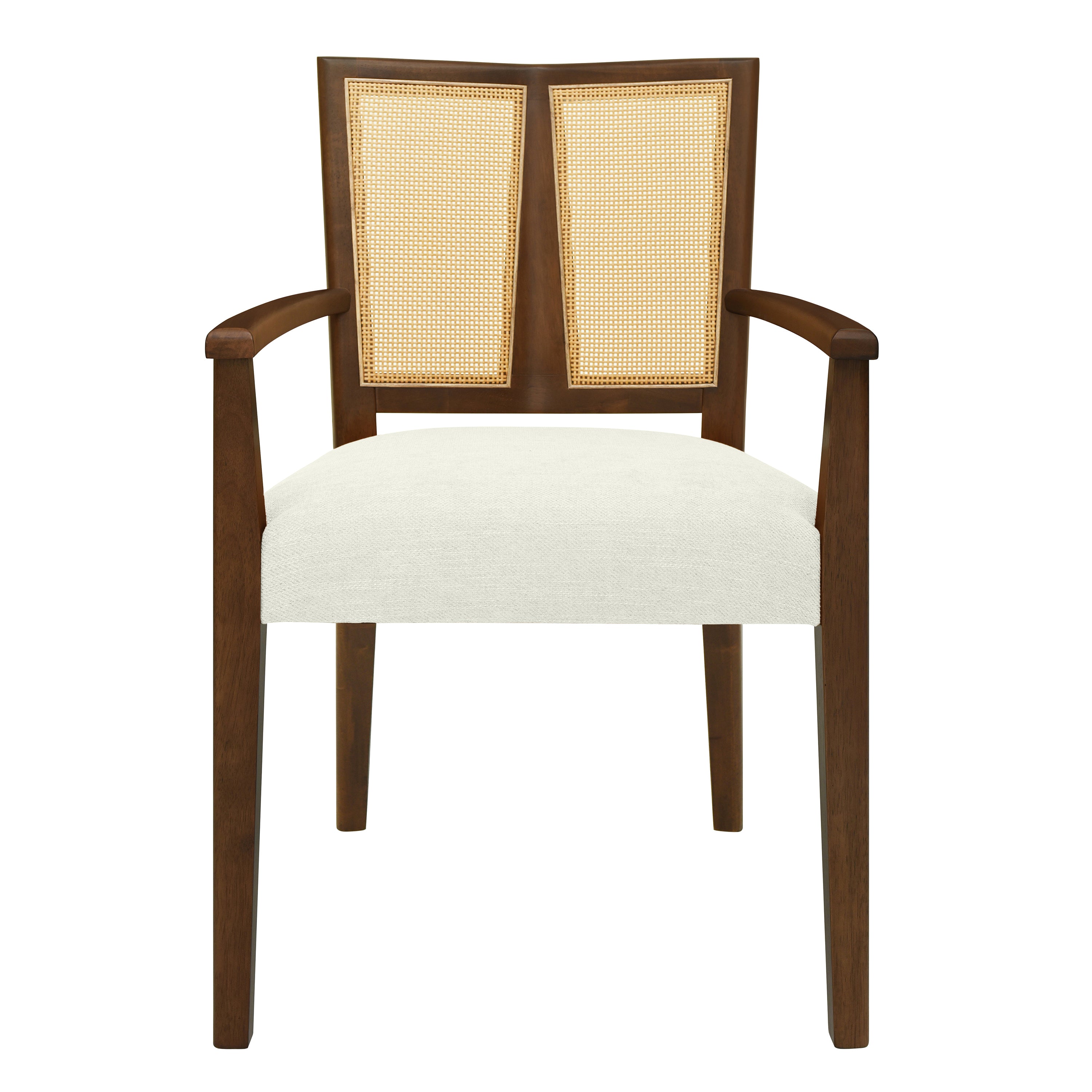 Front view of Mid-Century Rattan Dining Chair with white upholstered seat and dual-panel rattan backrest framed in dark wood.
